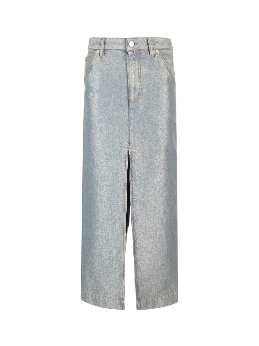 DarkPark Metallic Light Blue Midi Denim Skirt with Front Slit
